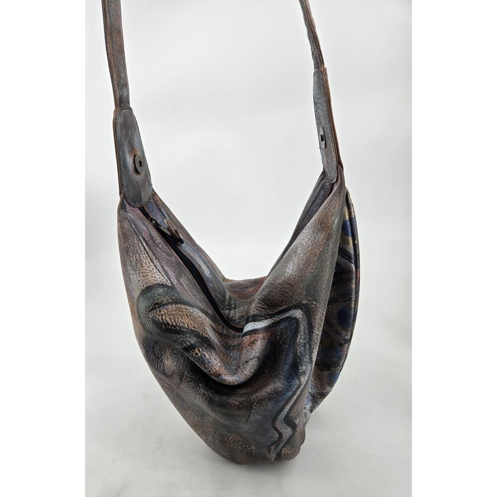 Jane Yoo Vintage Wearable Art Hand Painted Leather Crossbody Bucket Bag Purse - Picture 3 of 16